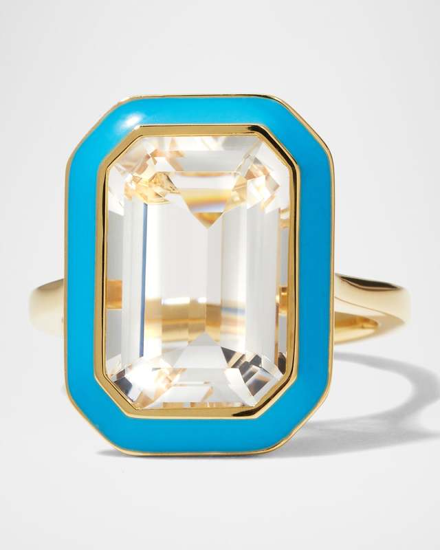 18K Queen Rock Crystal and Turquoise Enamel Ring, Size 6.5